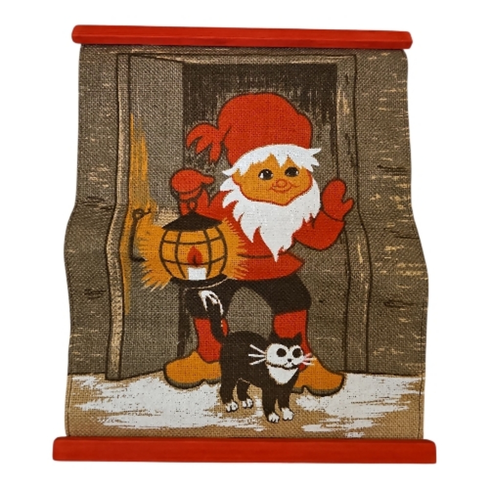 Vintage Scandinavian Christmas Textile Art – Tomte Elves Black Cat - Set of 2 - Picture 2 of 8